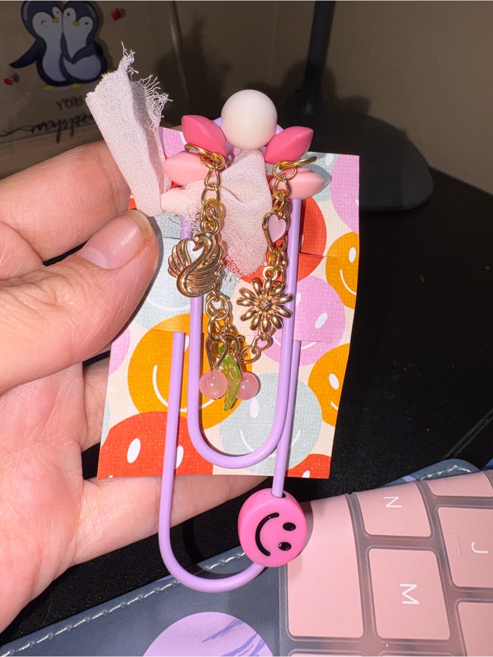 Pink & Lavender Smiley Charm Giant Bookmark Clip with Gold Accents